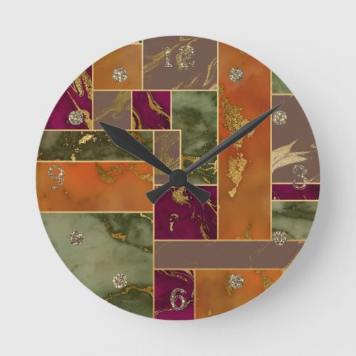 Autumn Luxury  Geometric Gold Jewel Tone Marble Round Clock