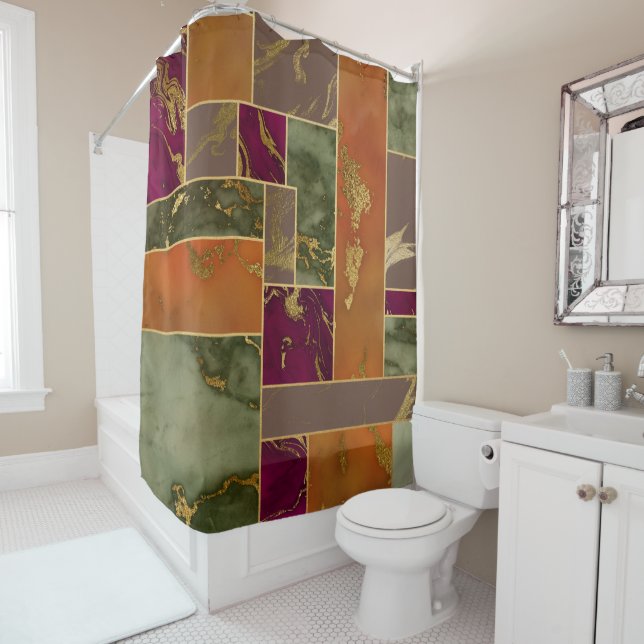 Autumn Luxury | Geometric Gold Jewel Tone Marble Shower Curtain (In Situ)