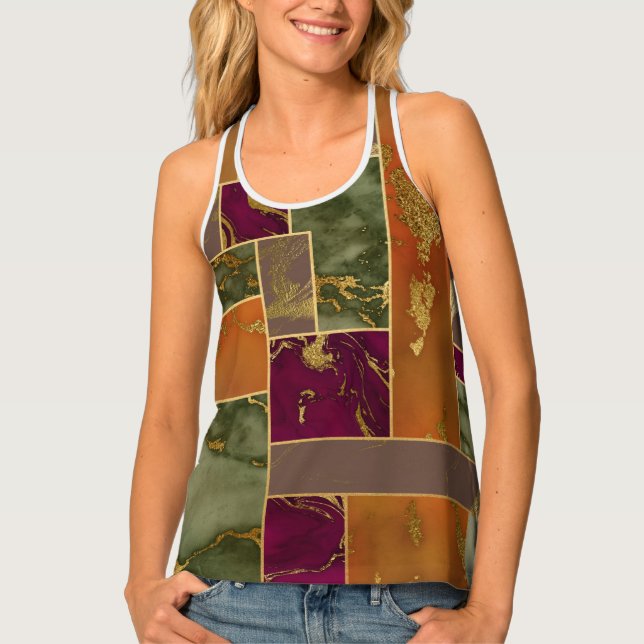 Autumn Luxury | Geometric Gold Jewel Tone Marble Tank Top (Front)