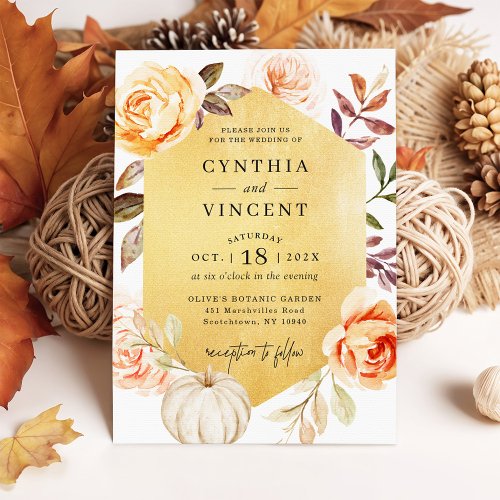 Autumn Luxury Gold Botanical Floral Fall Wedding Invitation