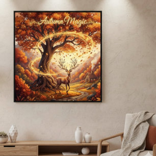 Autumn Magic Deer Landscape Wood Wall Art 12"x12" 