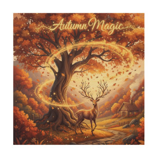 Autumn Magic Deer Landscape Wood Wall Art 12"x12" 