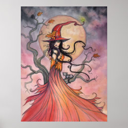 Autumn Magic Halloween Witch and Cat Art Poster