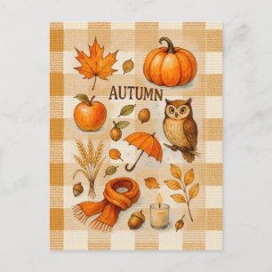 Autumn Magic Postcard Cozy Fall Owl Pumpkin Leaves