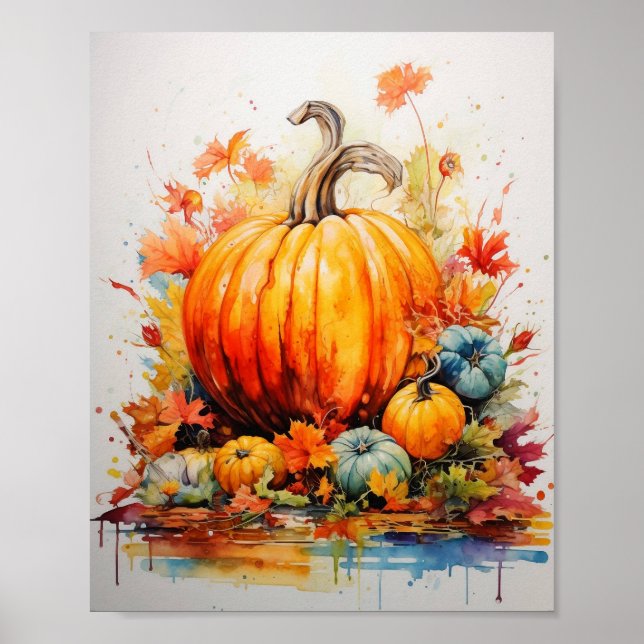 Autumn Magic: Pumpkins in Vivid Watercolor Poster (Front)