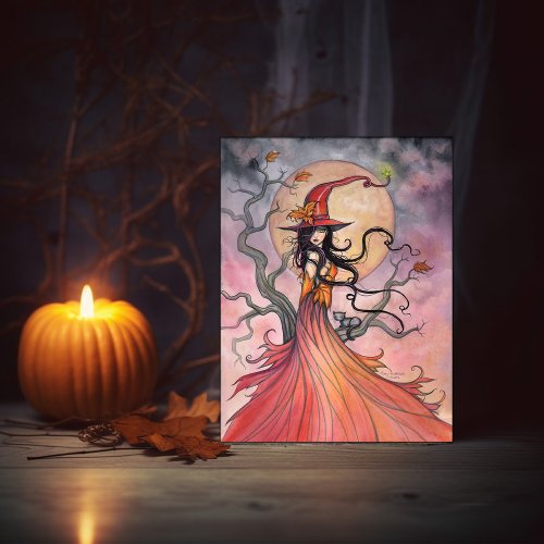 Autumn Magic Witch and Cat Fantasy Halloween Art Holiday Postcard