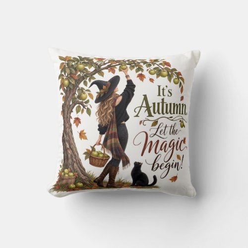 Autumn Magic Witch Cat & Apple Tree Throw Pillow