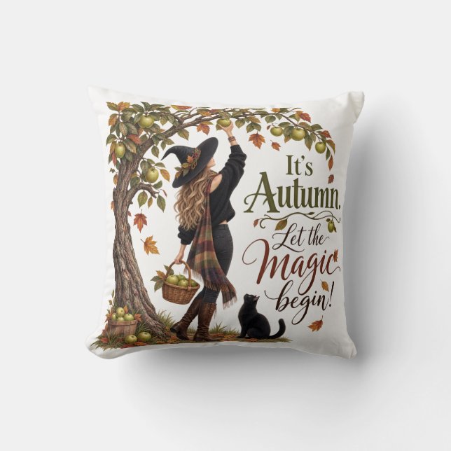 Autumn Magic Witch Cat & Apple Tree Throw Pillow (Front)