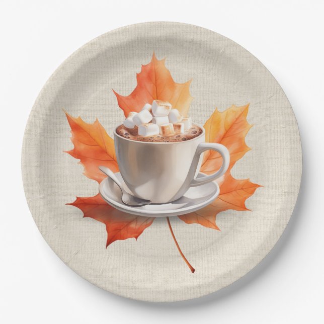 Autumn Maple Leaf and Hot Cocoa Paper Plates (Front)