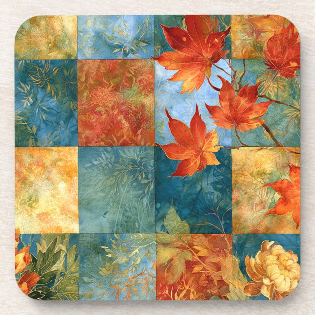 Autumn Maple Leaf Botanical Patchwork Beverage Coaster (Front)
