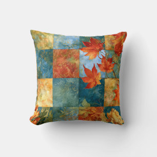 Autumn Maple Leaf Botanical Patchwork Throw Pillow