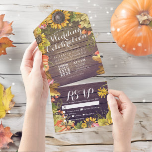 Autumn Maple Leaf Pumpkin Rustic Wood Wedding RSVP All In One Invitation