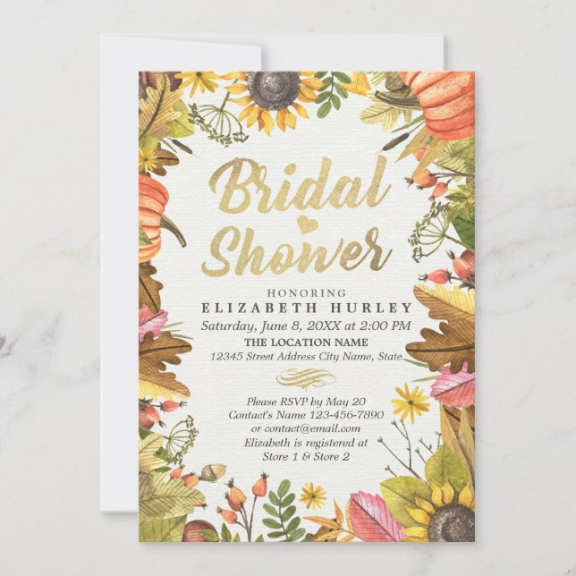 Autumn Maple Leaf Pumpkin Sunflower Bridal Shower Invitation (Front)