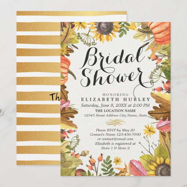 Autumn Maple Leaf Pumpkin Sunflower Bridal Shower Invitation (Front/Back)