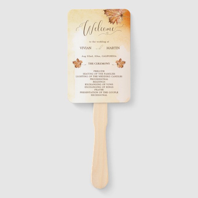 Autumn Maple Leaf Rust Watercolor Wedding Program Hand Fan (Front)