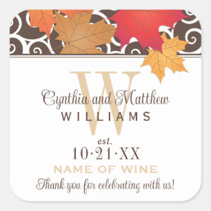 Autumn Maple Leaf Scrollwork Monogram Wedding Wine Square Sticker