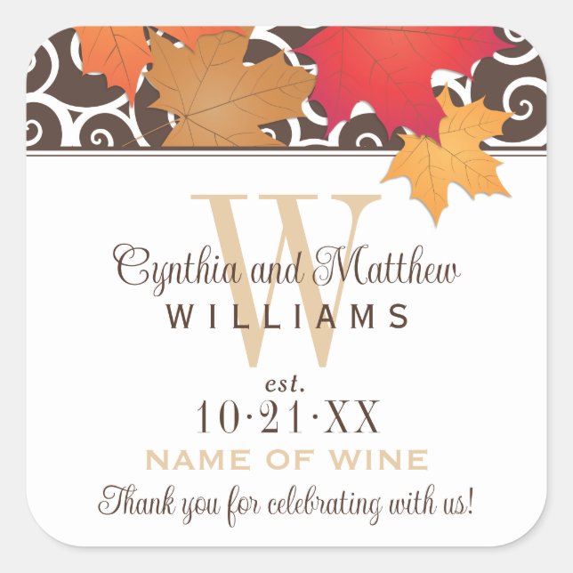 Autumn Maple Leaf Scrollwork Monogram Wedding Wine Square Sticker (Front)