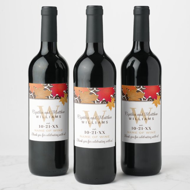 Autumn Maple Leaf Wedding Monogram Wine Label (Bottles)