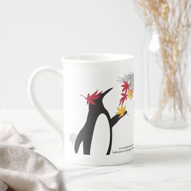 Autumn Maple Leaves and Cute Funny Penguin Bone China Mug (Creator Uploaded)