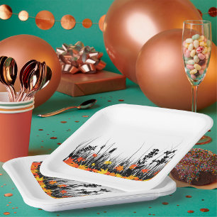 Autumn Maple Leaves and Wild Grass Silhouette Paper Plates