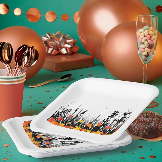 Autumn Maple Leaves and Wild Grass Silhouette  Paper Plates (Creator Uploaded)