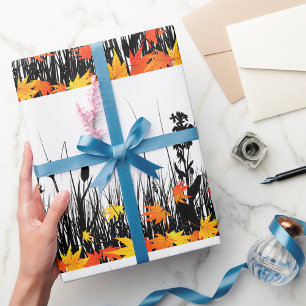 Autumn Maple Leaves and Wild Grass Silhouette Wrapping Paper