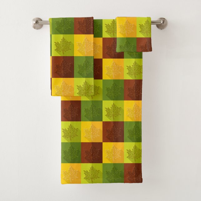 Autumn Maple Leaves, brown and green Bath Towel Set (Insitu)