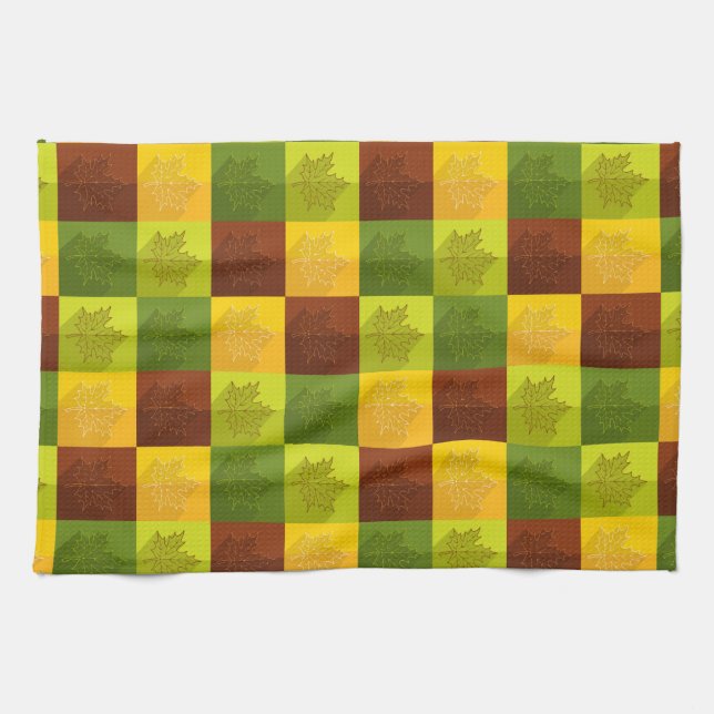 Autumn Maple Leaves, brown, gold, green Kitchen Towel (Horizontal)