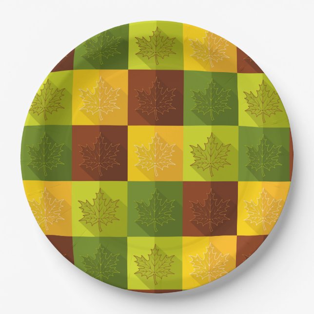 Autumn Maple Leaves, brown, gold, green Paper Plates (Front)