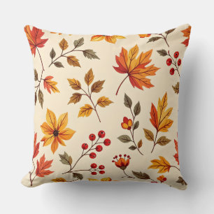 Autumn Maple Leaves & Cranberries Print Collection Throw Pillow
