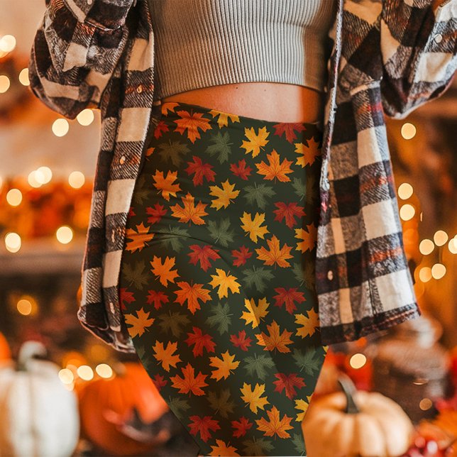 Autumn Maple Leaves Fall Green Leggings (Creator Uploaded)