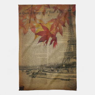 autumn maple leaves fall paris eiffel tower kitchen towel