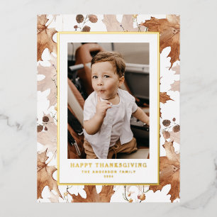 Autumn Maple Leaves Happy Thanksgiving Photo Foil Holiday Postcard
