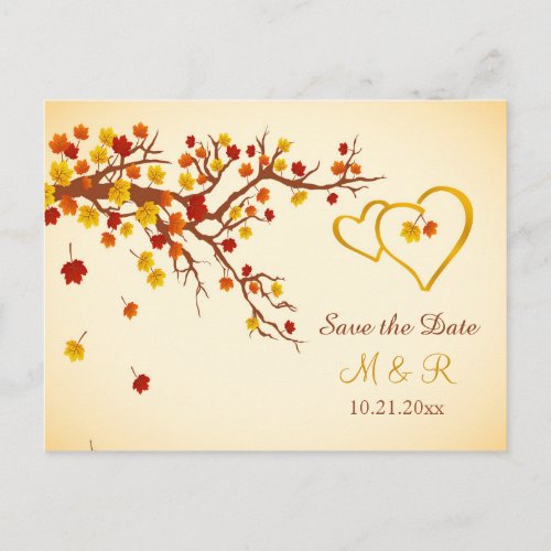 Autumn maple leaves hearts Save the Date Announcement Postcard