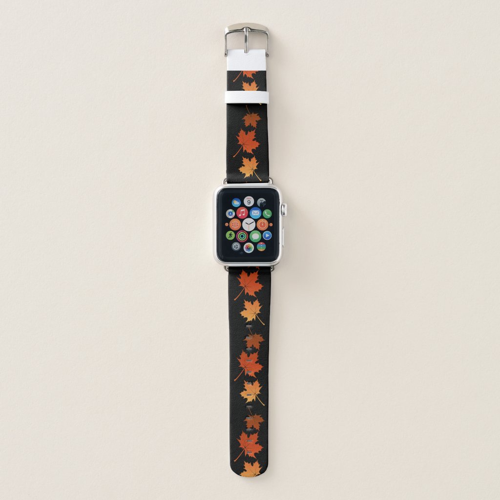 autumn maple leaves orange gold on black apple watch band