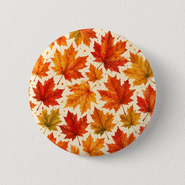 Autumn Maple Leaves Pattern | Fall Orange Red Leaf Button (Front)