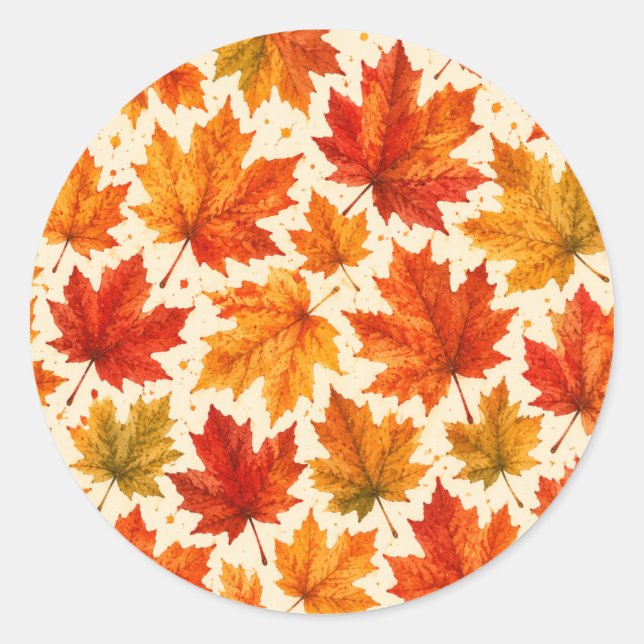 Autumn Maple Leaves Pattern | Fall Orange Red Leaf Classic Round Sticker (Front)