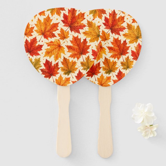 Autumn Maple Leaves Pattern | Fall Orange Red Leaf Hand Fan (Front and Back)