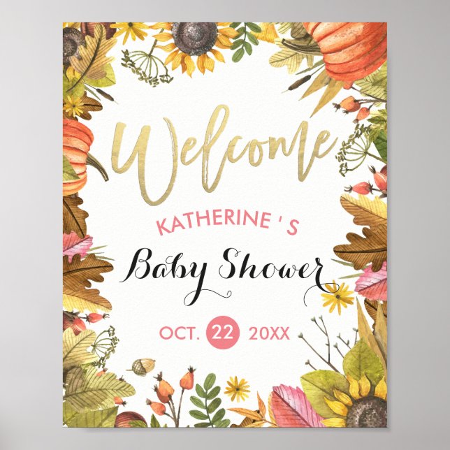 Autumn Maple Leaves & Pumpkin Baby Shower Welcome Poster (Front)
