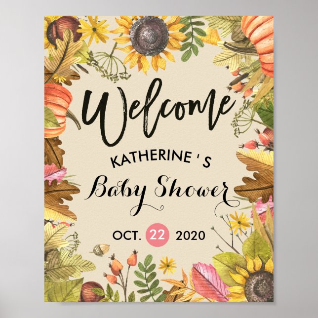 Autumn Maple Leaves & Pumpkin Baby Shower Welcome Poster (Front)