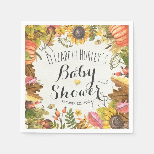 Autumn Maple Leaves Pumpkin Sunflower Baby Shower Paper Napkins (Front)