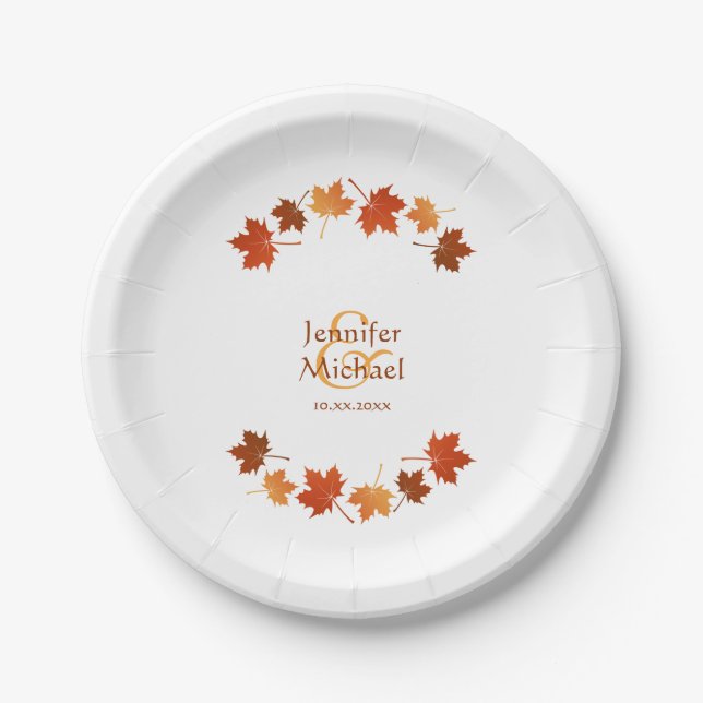 autumn maple leaves rustic fall wedding paper plates (Front)