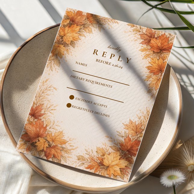 Autumn Maple Leaves Rustic Wedding RSVP Card (Creator Uploaded)