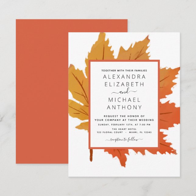 Autumn Maple Leaves Watercolor Orange Brown Invitation (Front/Back)