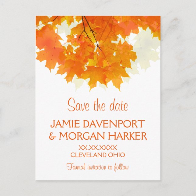 Autumn Maple Leaves Wedding Save the Date Announcement Postcard (Front)