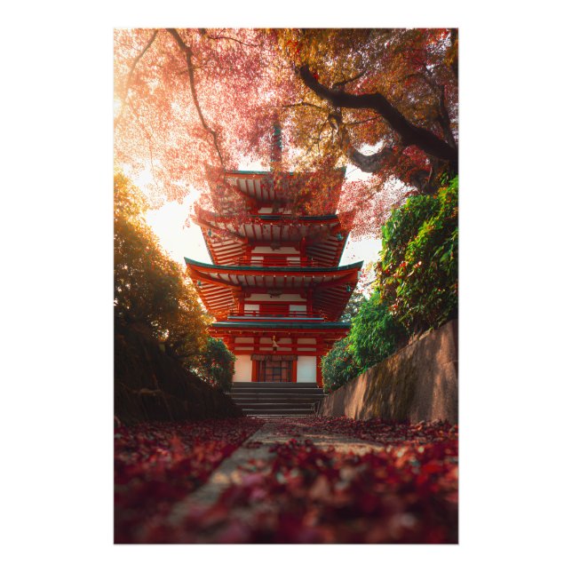 Autumn Maple Pagoda Temple Staircase Glow Photo Print (Front)