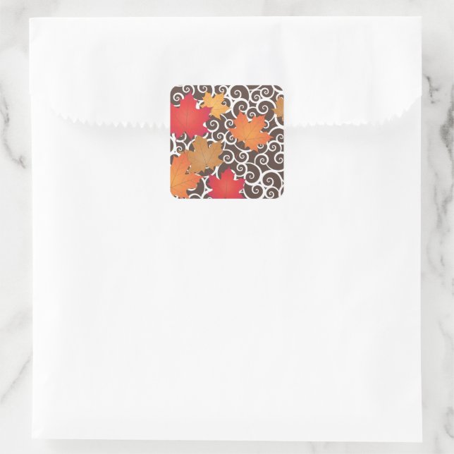 Autumn Maple Scrollwork Wedding Square Sticker (Bag)