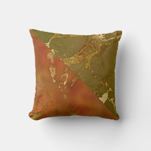 Autumn Marble Olive Green Orange Gold Color Block Throw Pillow