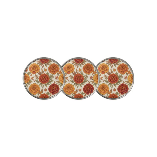 Autumn marigold flower pattern golf ball marker (3 Up)