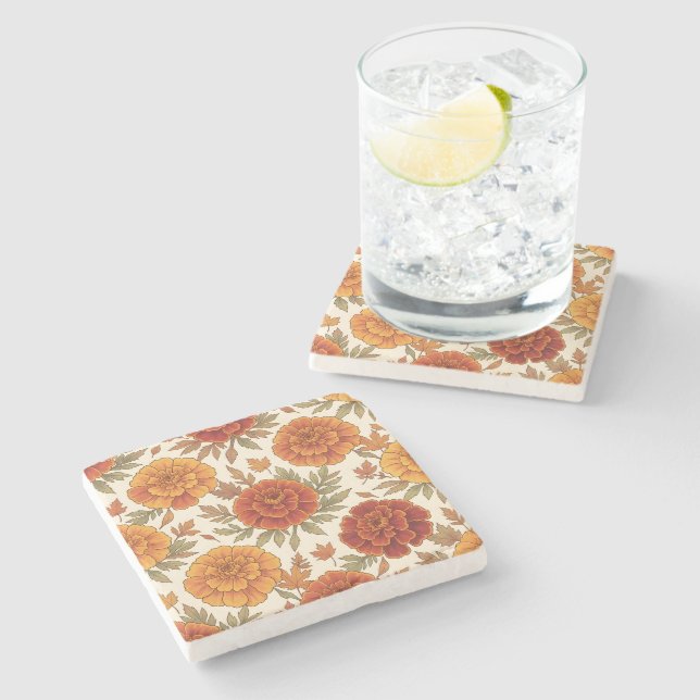 Autumn marigold flower pattern stone coaster (Side)